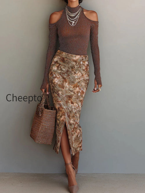 Retro Shimmer Cut-Out Shoulder Top & Oil Painting Floral Print Front-Slit Skirt Set