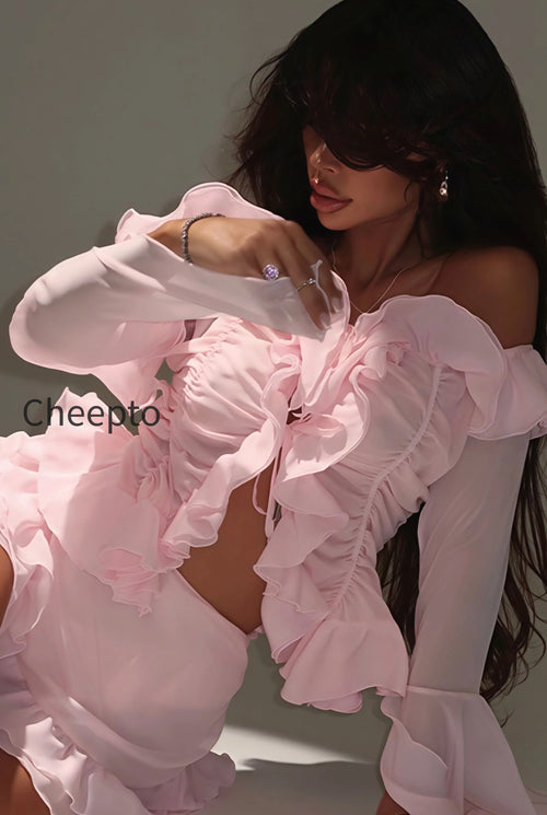 Stylish Off Shoulder Long Sleeve Ruffle Skirt Set