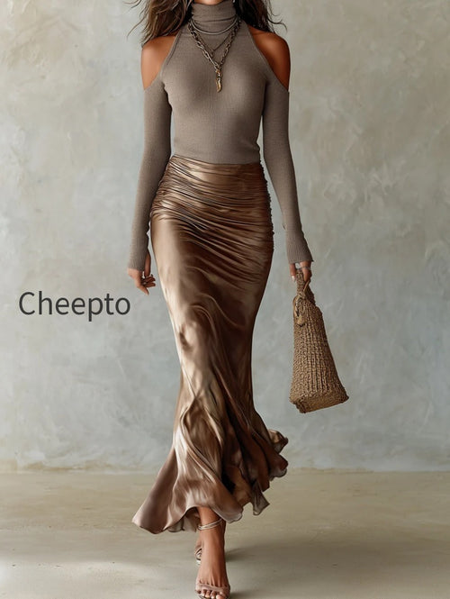 Retro High-neck Cut-out Shoulder Top & Acetate Satin Fishtail Skirt Set