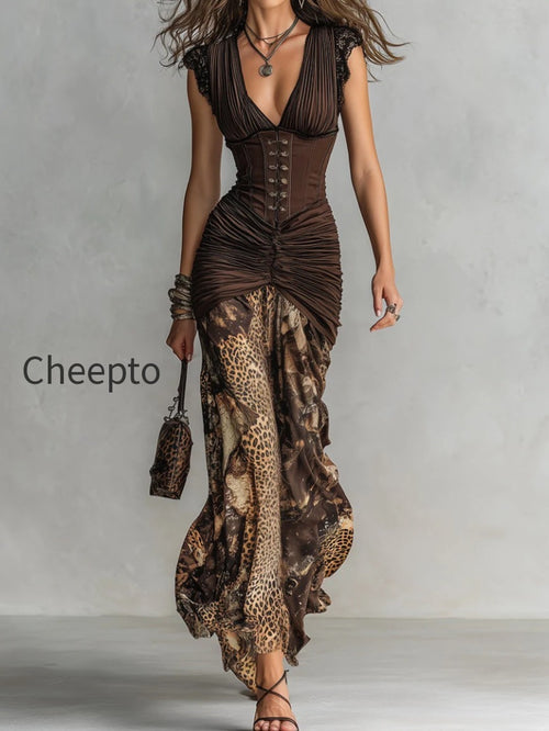 Vintage Corset Leopard Print Pleated Maxi Dress