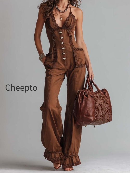 Vintage Brown Lace-Trim Halter Neck Flared Jumpsuit
