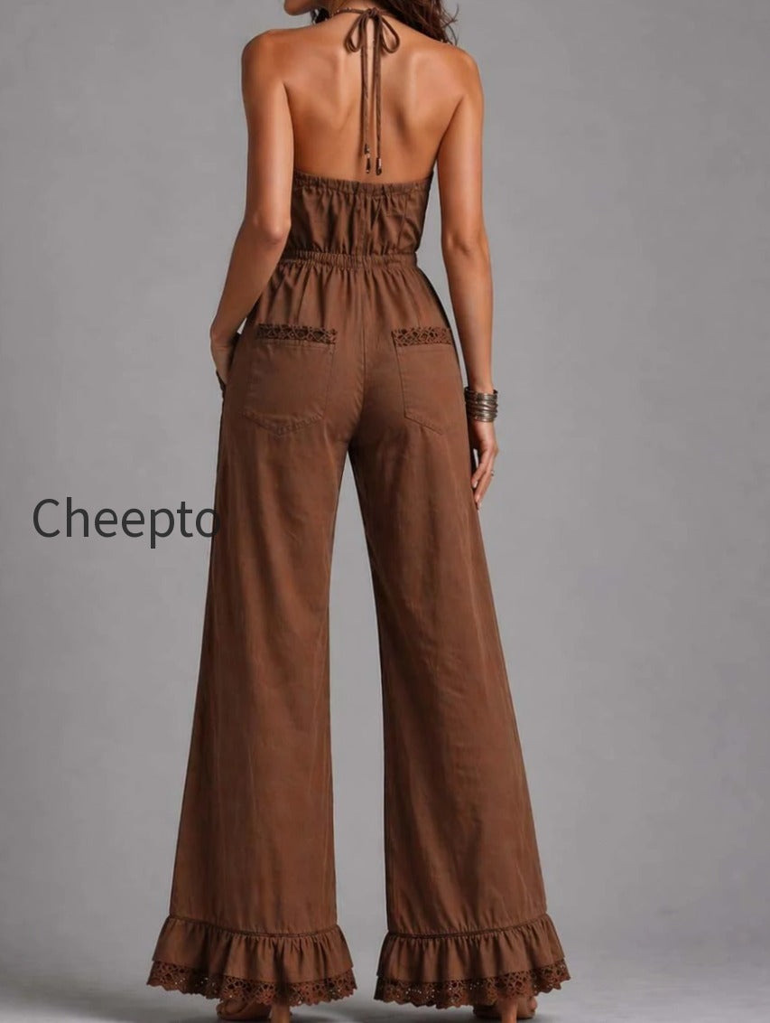 vintage-brown-lace-trim-halter-neck-flared-jumpsuit