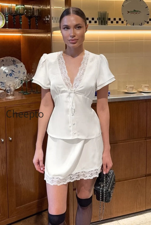 Satin Silk-Like Lace V-Neck Waist Tie Skirt Set