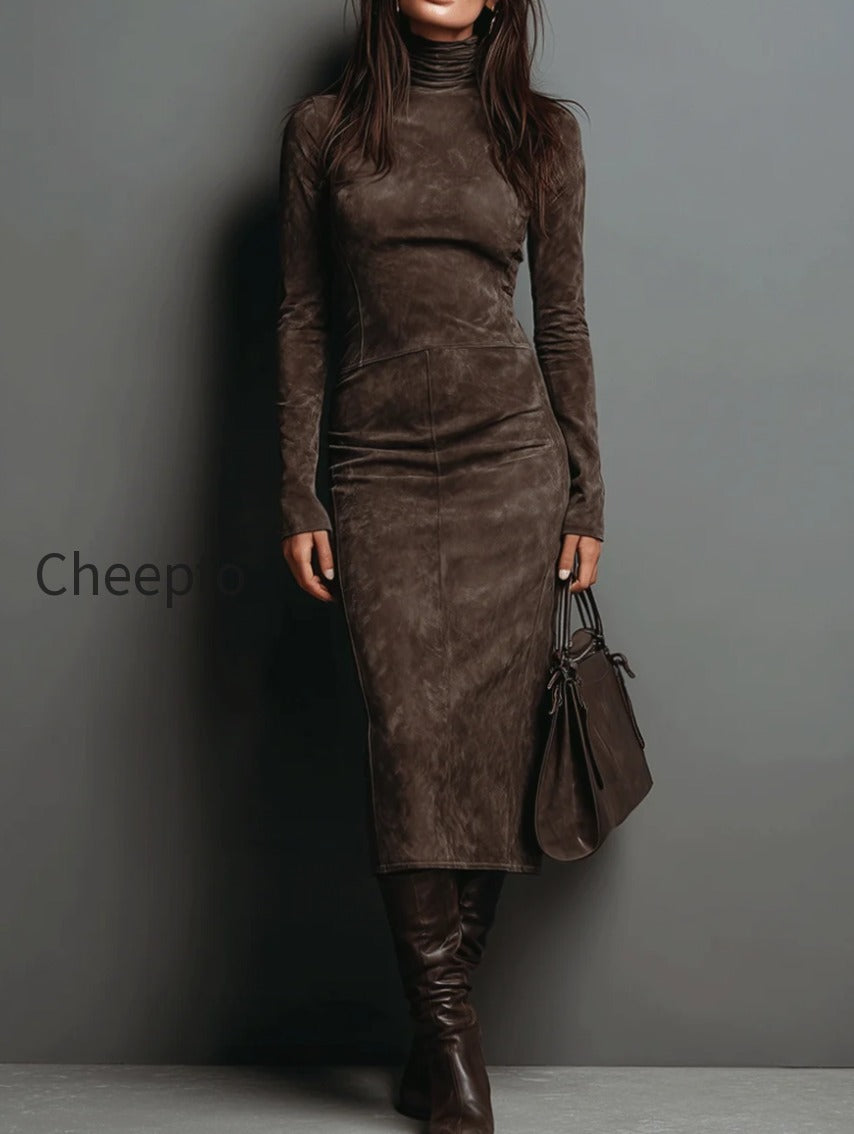 high-neck-long-sleeve-suede-midi-dress