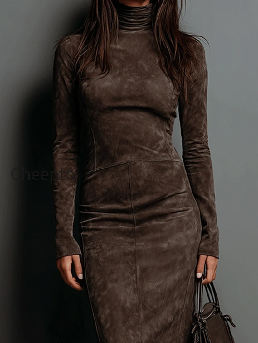 high-neck-long-sleeve-suede-midi-dress