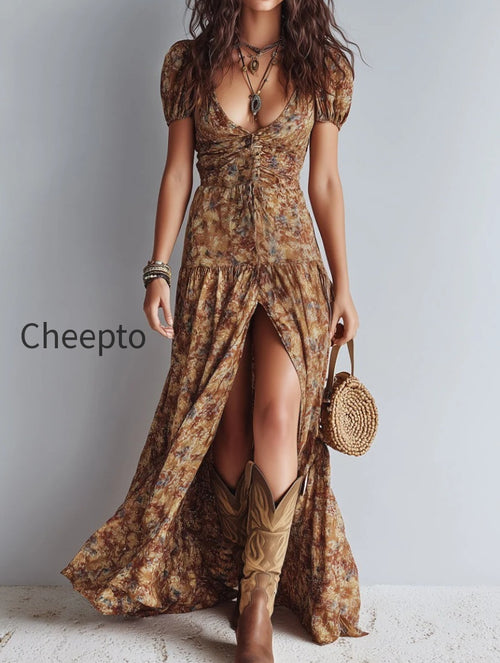 Boho Hem Slit Floral Maxi Dress