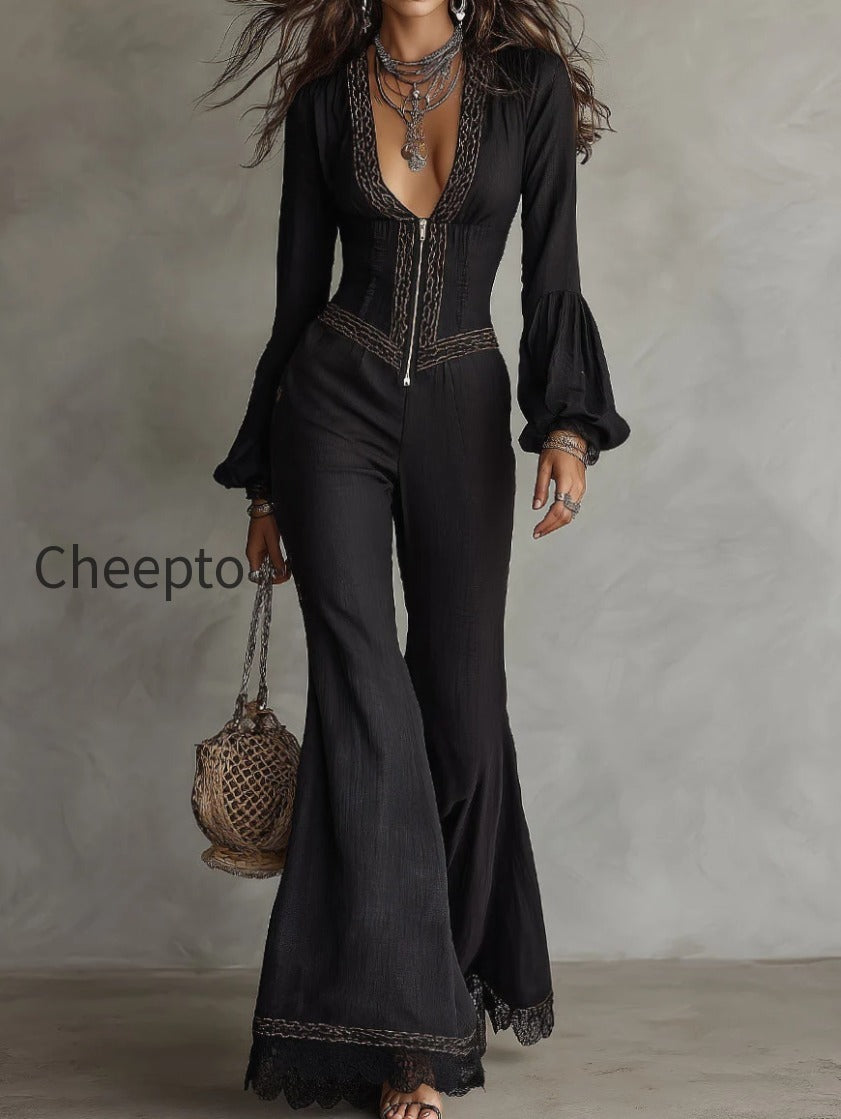 boho-deep-v-neck-zip-up-bell-sleeve-flared-jumpsuit