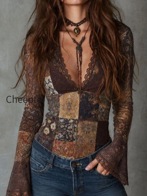 Retro Boho Patchwork Floral Print Lace Trim Top